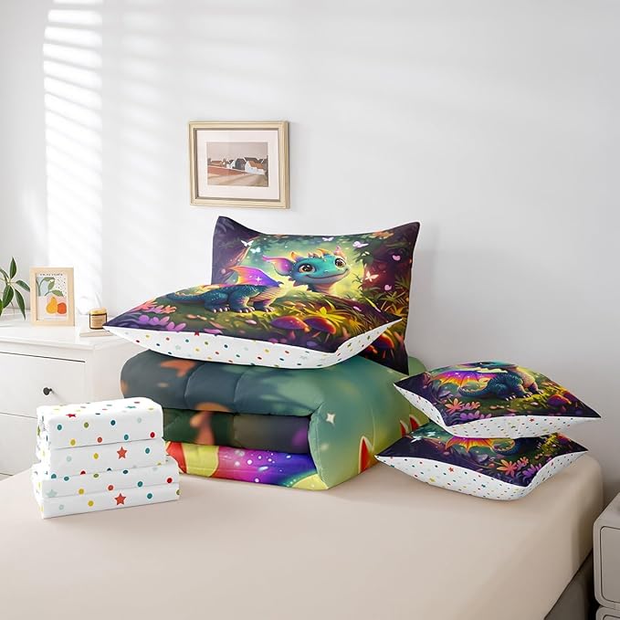 7 Pieces Full Size Kawaii Dragon Comforter Set,Fantasy Fairy Tale Jungle Bedding Set for Kids Room Decor,Cartoon Magical Wildlife (Comforter+Fitted+Flat Sheet+2 Pillowcases+2 Throw Pillow Covers