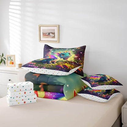 7 Pieces Queen Size Kawaii Dragon Comforter Set,Fantasy Fairy Tale Jungle Bedding Set for Kids Room Decor,Cartoon Magical Wildlife (Comforter+Fitted+Flat Sheet+2 Pillowcases+2 Throw Pillow Covers