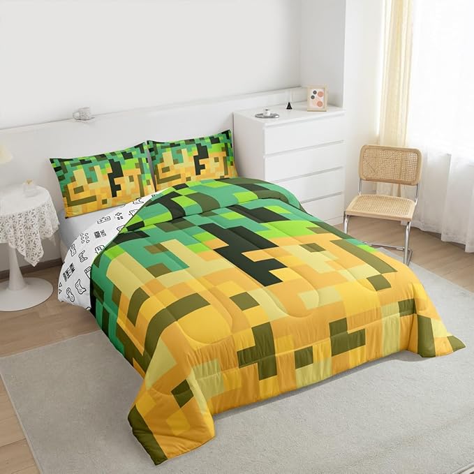 Pixelated Miners Game Kids Bedding Set King Size,Geometric Check Video Games Comforter Set,Gamepad Grid Gaming Quilt Comforter,Green Yellow Bedroom Duvet Insert,2 Pillowcases