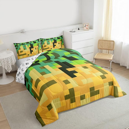 Pixelated Miners Game Kids Bedding Set King Size,Geometric Check Video Games Comforter Set,Gamepad Grid Gaming Quilt Comforter,Green Yellow Bedroom Duvet Insert,2 Pillowcases