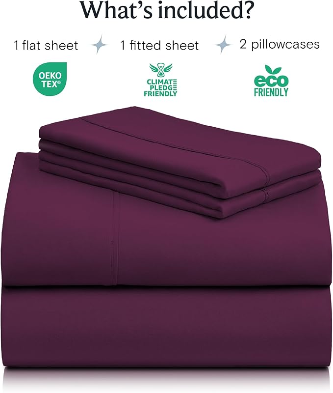LuxClub 4 PC Full Sheet Set, Breathable Luxury Bed Sheets, Deep Pockets 18" Wrinkle Free Cooling Bed Sheets Machine Washable Hotel Bedding Silky Soft - Eggplant Full