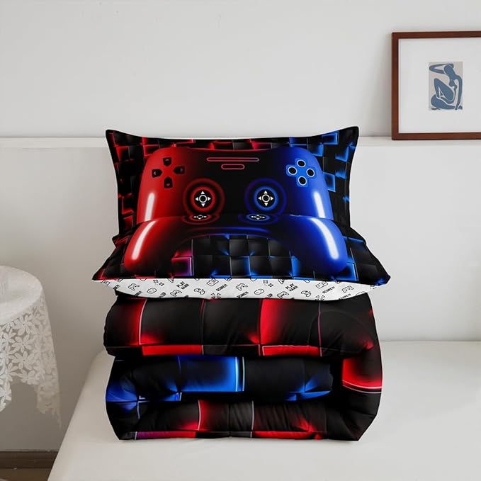 Erosebridal Gaming Bedding Sets for Boys,King Size Comforter Sets for Boys Girls Kids 3D Gamer Geometric Comforter,Game Console Lightweight Microfiber Duvet Quilt,Neon Red Blue Black Glowing