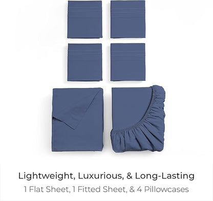 Mellanni Queen Sheet Set - 6-Piece Iconic Collection Bedding, (Including 4 Pillowcases), 21-Inch Extra Deep Pocket, Easy Care, Ultra Soft, Cooling Sheets, Brushed Microfiber - Blue Nova