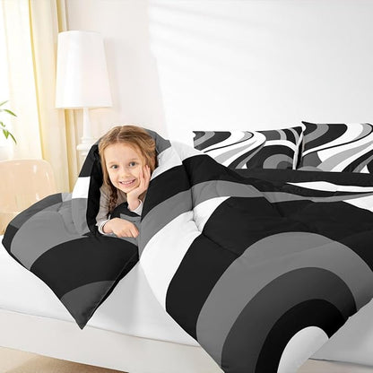 Gray Black White Spiral Queen Comforter Set for Adult Women Men Modern Swirls Stripes Abstract Bedding Set for Minimalists Boho Aesthetic Geometric Bed Sets Graffiti Art Lines Quilt Sets