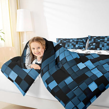 Pixelated Blocks Kids Comforter Set Full Size,Patchwork Square Video Games Bedding Set,Girls Boys Room Decor,Geometric Patchwork Grid Quilt Comforter,Blue Duvet Set Bedroom Quilt Set,2 Pillowcases