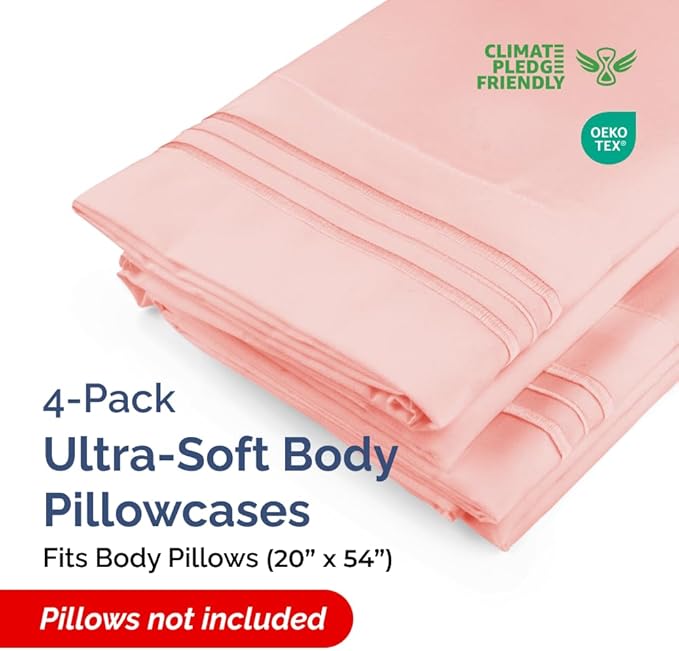 Body Pillowcases Set of 4-20x54 Long Body Pillow Case - Soft Body Pillow Cover for Sleeping & Side Sleepers - Comfy, Breathable & Fade Free - Machine Washable with Envelope Enclosure - (Baby Pink)