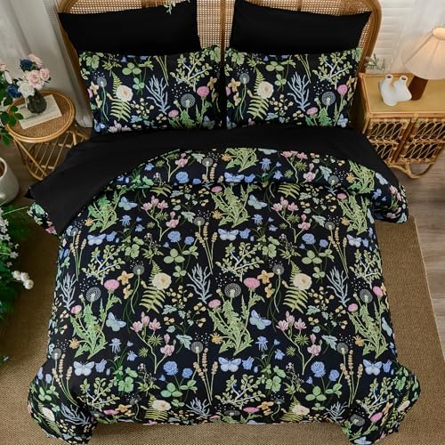 Twin Comforter Set Floral, 5 Piece Bed in a Bag Black Green Bedding Set