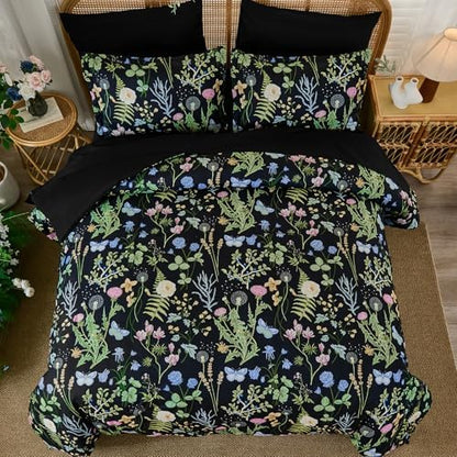 Twin Comforter Set Floral, 5 Piece Bed in a Bag Black Green Bedding Set