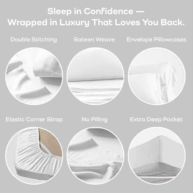 Olive + Crate Tencel Lyocell Eucalyptus Full Sheet Set - Cooling Tencel Sheets for Hot Sleepers with 16 Inch Deep Pocket Fit - Double Bed Sheets - White Snow 4-Piece Set
