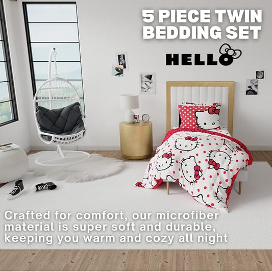 Hello Kitty Polka Dot Bedding 5 Piece Super Soft Comforter and Sheet Set with Sham, Twin, (Officially Licensed Product) by Franco Collectibles