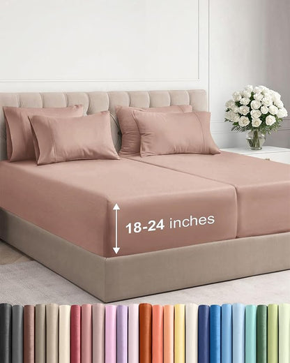 Extra Deep Split King Sheet Set - 7 Piece Breathable and Cooling Sheets - Hotel Luxury Bedding for Women, Men, Kids & Teens - Easy Secure Fit - Soft, Wrinkle Free & Comfy - Extra Deep Pockets - Mauve