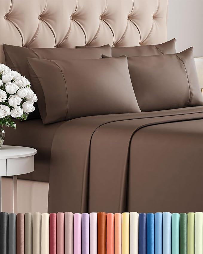 Cal King 6 Piece Sheet Set - Comfy Breathable & Cooling - Ultra-Soft Hotel Luxury Bedding Set with 8-16 Inch Deep Pockets - 1 Flat & 1 Fitted Sheet & 4 Pillowcases - Wrinkle Free & Easy Care - Brown
