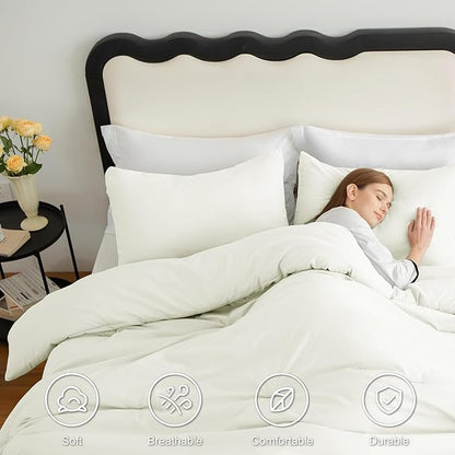 CozyLux King Size Comforter Set Ivory, 3 Pieces Solid Comforters King Size Breathable Quilted Bedding Sets, Luxury Soft Lightweight Bed Set with Down Alternative Comforter and 2 Pillowcases All Season