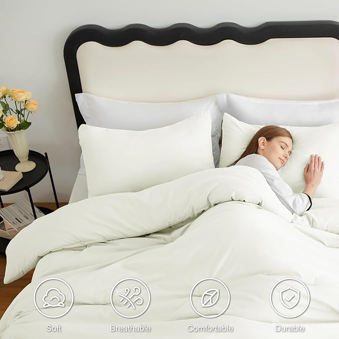 CozyLux Queen Comforter Set Ivory, 3 Pieces Solid Comforters Queen Size Breathable Quilted Bedding Sets, Luxury Soft Lightweight Bed Set with Down Alternative Comforter and 2 Pillowcases All Seasons