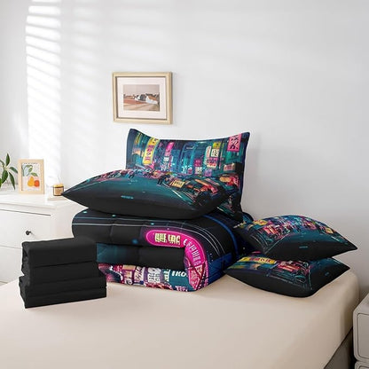 Feelyou Japanese Art Comforter Set 7 Pieces Queen Size Tokyo Anime Bedding Set for Boys Girls Japan Night City Bed in a Bag with Comforter, Sheets, Pillowcases & Cushion Covers