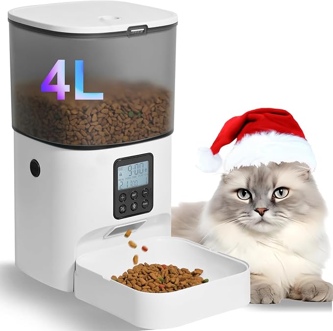 Automatic Cat Feeder, 4L Cat Food Dispenser with 10s Voice Recorder, Pet Feeder up to 8 Meals per Day, Timed Dog Feeder with Dry Food Sealed Ring
