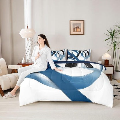 Erosebridal Abstract Navy Blue 7 Piece Comforter Set Queen Bed in A Bag Geometric Minimalist Lines Bedding Set Modern Ink Painting Stripes Quilt Simple Aesthetic Fashion Neutral Sheet Set for Men