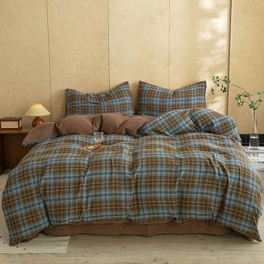 100% Cotton Muslin Duvet Cover King Vintage Blue&Brown Plaid Duvet Cover with 2 Pillowcases Linen Like Textured Breathable Gauze Comforter Cover Farmhouse Grid Checkered Gingham Bedding Set King
