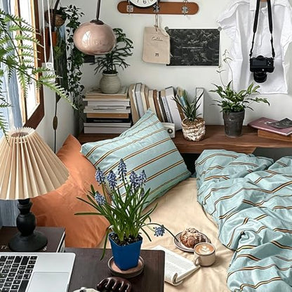 mixinni Retro Mint Blue Striped Duvet Cover Set - 100% Natural Cotton 3-Piece Vintage Stripes Pattern Printed Bedding Set, Soft Breathable Comforter Cover with Zipper & Ties, Twin XL Size
