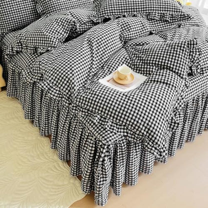 LifeTB Black Gingham Comforter Set King Ruffle Checkered Plaid Comforter Set 3 Pieces Boho Grid Bed Comforter with 2 Pillowcases Fluffy Soft Vintage Checkered Lightweight Gingham Bedding Set King