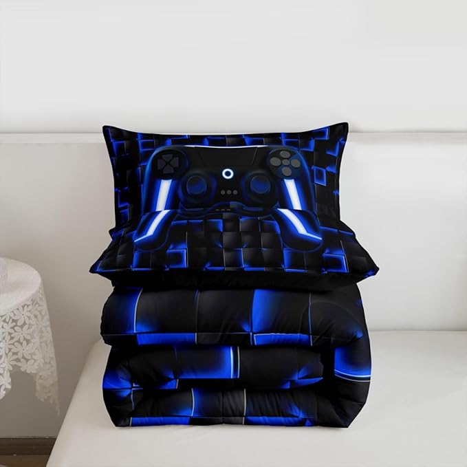 Erosebridal Gamer King Comforter Set for Boys Blue Gaming Kids Bedding Set Geometric Game Console Comforter for Teen Video Game Room Decor 3 Piece Neon Lights Gamepad Lightweight Bed Comforter Set