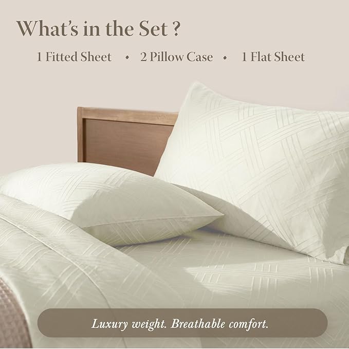 Threadmill Luxury 100% Cotton Queen Bed-Sheets - 800 Thread Count Jacquard Celine Ivory, Better Than Egyptian Cotton,4 Pc Striped Bed Set, Damask Sheets with Elasticized Deep Pocket
