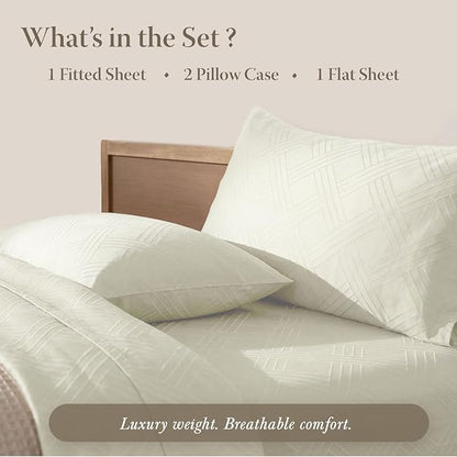 Threadmill Luxury 100% Cotton Queen Bed-Sheets - 800 Thread Count Jacquard Celine Ivory, Better Than Egyptian Cotton,4 Pc Striped Bed Set, Damask Sheets with Elasticized Deep Pocket