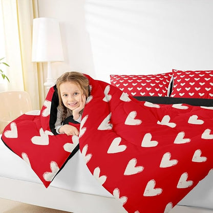 Red White Comforter Set Queen Size Cute Heart Pattern Bedding For Kids Boys Girls Valentine Day Gift Quilt Cartoon Love Geometric Duvet Insert Love Heart Soft Warm Bedding Sets Bedroom Decor 3Pcs