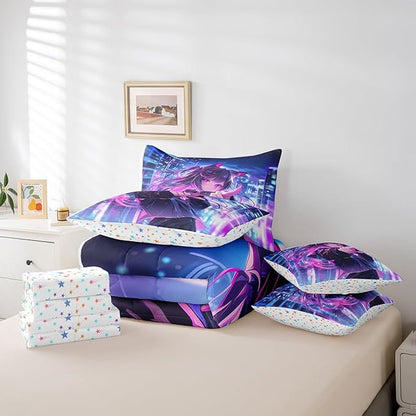 Erosebridal Kids Anime Girl 7 Piece Comforter Set Full Bed in A Bag, Japanese Anime Bedding Sets, Cartoon Girl Sheet Set with Comforter for Boys Teens Adult, Kawaii Japanese Animation Bed Sets