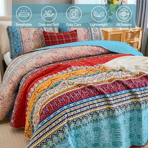 WONGS BEDDING Blue Quilt King Size, Boho Stripe Bedding Set