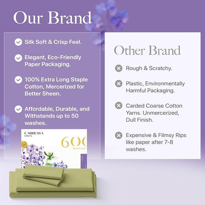 Carressa Linen 100% Egyptian Cotton King Size Sheet Set - Luxury 600 Thread Count Egyptian Cotton Sheets King Size (Herb Garden), Silky Soft, Cooling, Sateen Weave 16" Deep Pocket Hotel Quality Sheets