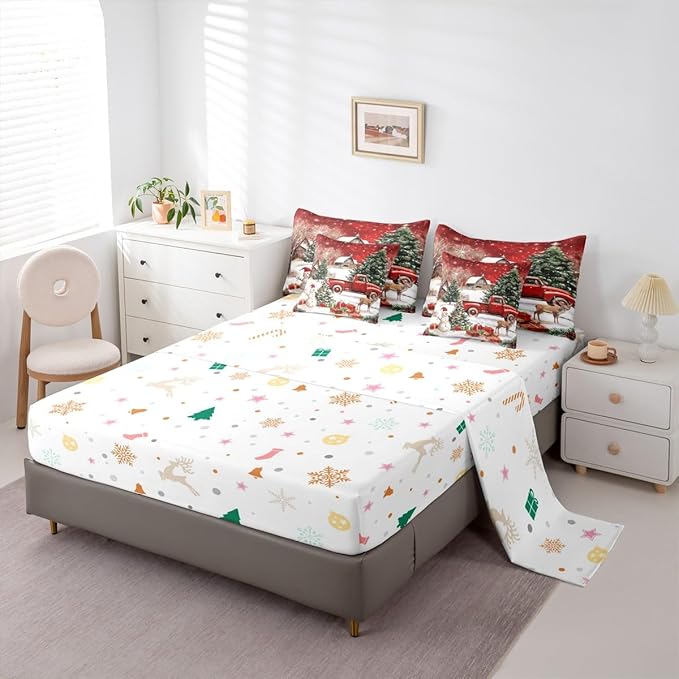 Castle Fairy Farmhouse Christmas 7 PCS Comforter Set,Xmas Truck Cute Snowman Bedding Set for Kids Girls,Rustic Pine Tree Deer Bed in a Bag with Comforter,Sheets and Pillow Cases,King