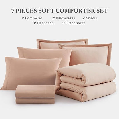 WRENSONGE King Comforter Set, 7 Pieces Clay Pink Soft Bed in a Bag King with Fitted Sheet, Flat Sheet, 2 Pillow Shams, and 2 Pillowcases- Warm Bedding Set for All Season