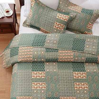 LEAONME Quilt Set King Size 3 Piece Bedspread Lightweight Microfiber Floral Paisley Olive Green, 98x106 Inch
