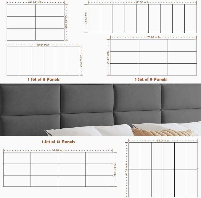 IFNOW Wall Mounted Headboard, Peel and Stick Panels, Dark Grey, Queen | Upholstered 3D Soundproof Acoustic Panels Reusable and Removable Padded Leather Bed Headboard, 6 Panels 9.84" x 23.62"