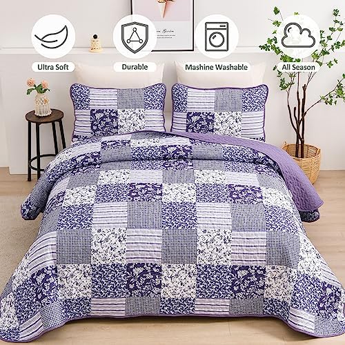 Mybedsoul Boho Quilts Queen Size, Patchwork Reversible Bedding Set, Purple