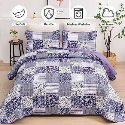 Mybedsoul Boho Quilts Queen Size, Patchwork Reversible Bedding Set, Purple