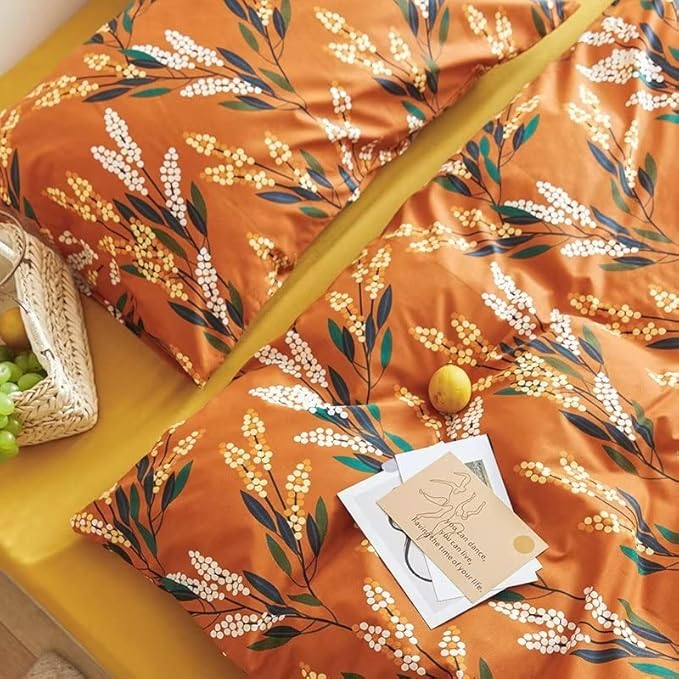 Luxlovery Floral Comforter Set King Botanical Orange Bohemian Bedding Comforter Set Women Girls Vintage Style Blanket Quilts Breathable Modern Rustic Leaves Bedding Set Hotel Quality King Comforter