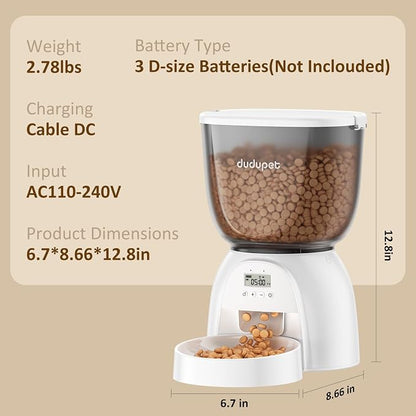 5L/21 Cup Automatic Cat Feeder, Timed Cat Dry Food Dispenser, Automatic Pet Feeders Dual Power Supply, 6 Meal Programmable 1-20 Portion Cats Feeder, Auto Dog Feeders,Pet Food Dispenser for Cats, Puppy
