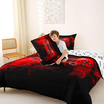 Feelyou Kids Gaming Comforter Set Twin Size Gamer Bedding Set for Boys Teens Gamer Bedroom Decor Youth Video Game Comforter Red Black with 1 Pillow Case