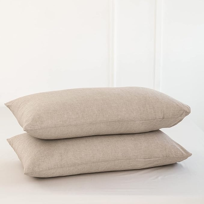 MooMee Bedding Pillowcases Pack of 2 100% Washed Cotton Linen Like Textured Breathable Durable Soft Comfy (Heathered Taupe, Standard)