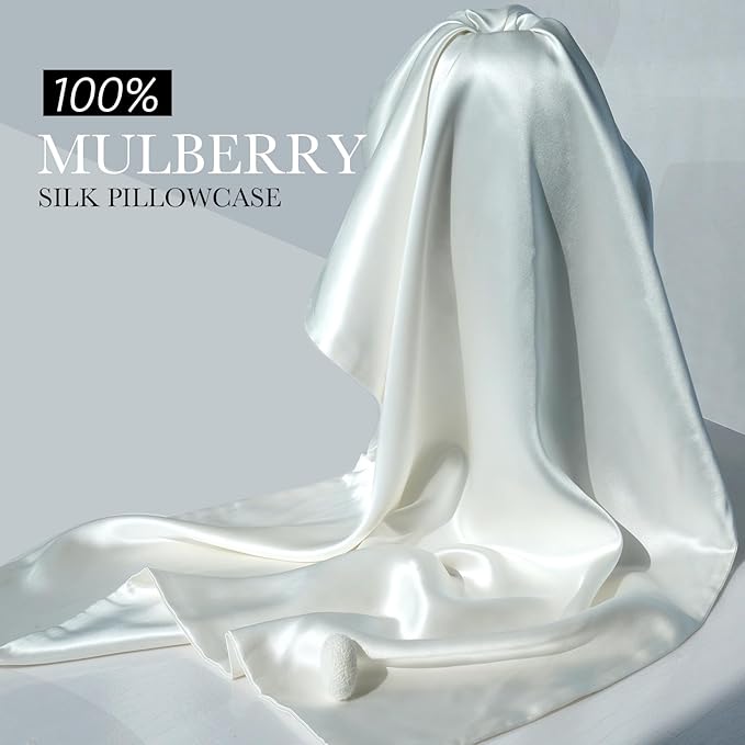 100% Mulberry Silk Pillowcase for Hair and Skin, 22 Momme Pure Natural Silk Pillow Case Both Sided with Zipper, Pillow Cover for Women Mom Men (Ivory White, Standard 20''×26'', 1 Pack)
