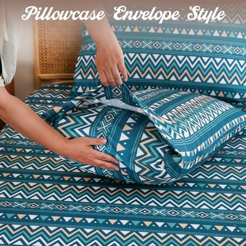 CozySmile Boho Sheet 4 Pieces King Sheet Set Bohemian,King Size Breathable Soft Microfiber Deep Pocket Bedding, Western Sheets Geometric(King, Teal Geometric)