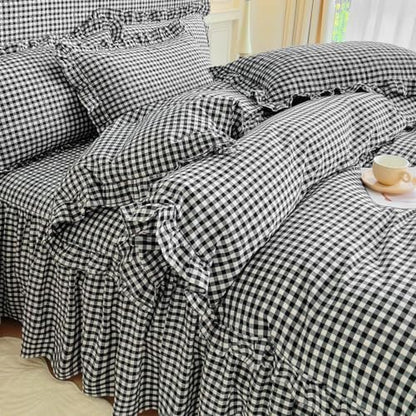 LifeTB Queen Comforter Set Black Gingham Comforter Vintage Ruffle Checkered Pattern Comforter Set Boho Grid Plaid Bedding Comforter Fluffy Soft Chic Gingham Bedding Set Queen Size for All Season