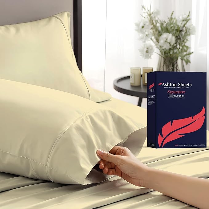 Ashton Sheets 100% Egyptian Cotton Pillow Cases King Size Set of 2 - Luxury 1200 Thread Count Sateen Beige Pillow Covers, Silky Soft & Cooling Extra Long Staple Pillowcases, Fits King Size Pillows