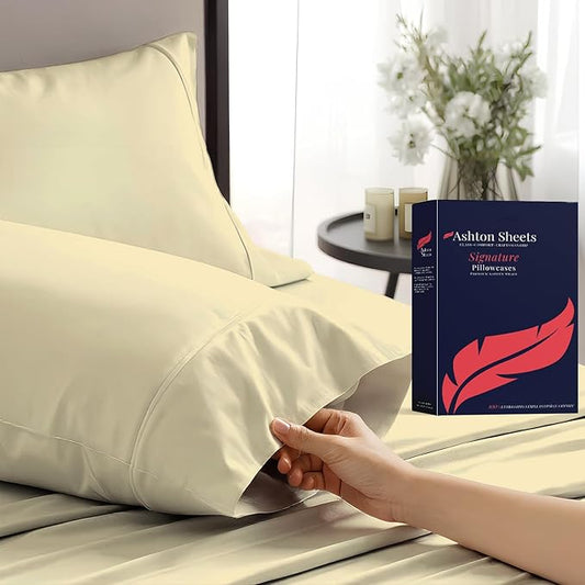 Ashton Sheets 100% Egyptian Cotton Pillow Cases Standard/Queen Size Set of 2 - Luxury 1200 Thread Count Sateen Beige Pillow Cases, Silky Soft Cotton Pillowcases Fits Standard & Queen Size Pillows