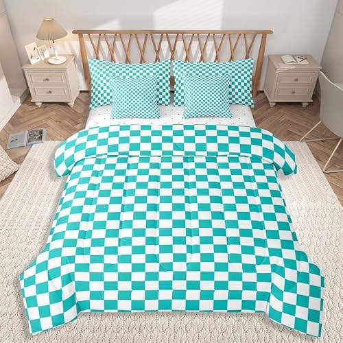 jejeloiu Teal Checkered Bedding Set 7Pcs King Size Kids Classic Plaid Comforter Set with Sheets for Boys Girls Grid Buffalo Check Bed in a Bag Soft Lightweight,Microfiber