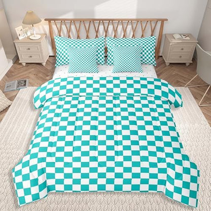 jejeloiu Teal Checkered Bedding Set 7Pcs King Size Kids Classic Plaid Comforter Set with Sheets for Boys Girls Grid Buffalo Check Bed in a Bag Soft Lightweight,Microfiber