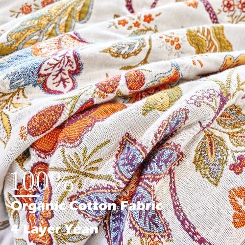 VANJOROY Boho Throw Blanket, 100% Organic Cotton Breathable Skin-Friendly Ultra Soft Bed Quilt Throw - All Season Floral Farmhouse Décor Luxury Blanket for Sofa Couch Chair and Gift. 91" x 98"