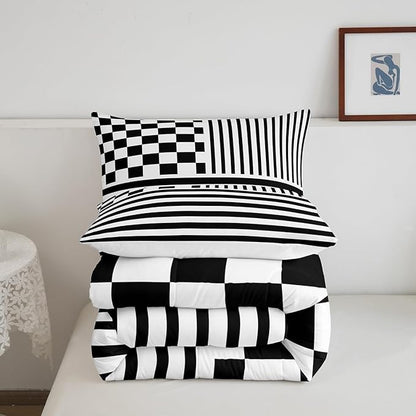 Black Check Bedding Set Full Size Fashion Buffalo Plaid Comforter Modern Simple Style Comforter Set Black Stripes Geometric Duvet Set 3Pcs Quilt Set 1 Comforter Set with 2 Pillowcase